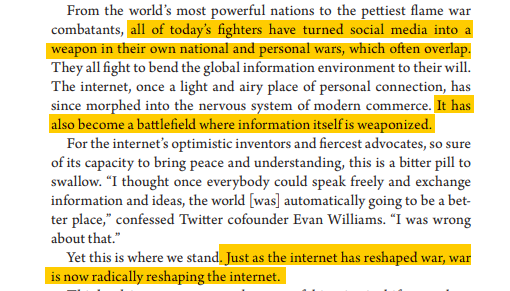 Internet today has become a battlefield where information is the weapon. From the most powerful countries to the ones with very little resources, everyone can take part in some capacity. Internet has reshaped war, and now war will reshape internet.5/n