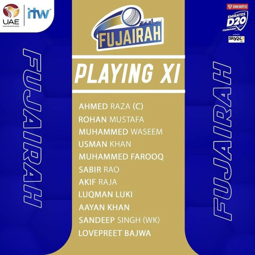 FujairahPacific's tweet photo. Match Day 6️⃣! #FujairahPacific Vs #ECB! All the best to the team &amp; here’s a look at the Playing 11! @Dream11 #EmiratesD20 #UAE @uaecricketofficial https://t.co/zm5MwBgunM