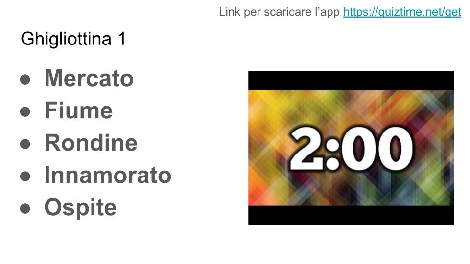 Prima Ghigliottina. Gli indizi sono MERCATO, FIUME, RONDINE, INNAMORATO e OSPITE
sfida i campioni e i ghigliottinisti d’Italia e prova ad indovinare la soluzione!
#NLProc #evalita2020 #ghigliottina #ghigliottinaAI #leredita #ereditiers <a href="/NlpUnior/">UNIOR NLP Research Group</a> <a href="/QuizTimeGame/">Ghigliottiniamo</a>