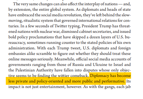 The election of President Trump has changed diplomacy forever. Diplomacy is now becoming more public. A couple of months after becoming Prime Minister, Imran Khan had a twitter spat with Trump, which was a sign of things to come: Aggressive foreign policy assertion online.2/n