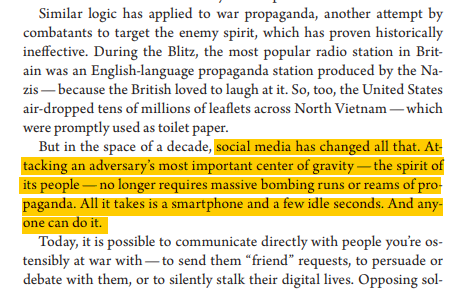 Military theorist Clausewitz says, winning a war is a matter of finding and neutralizing an adversary's center of gravity. Spirit of the people is a center gravity and propaganda breaks it. Social media today has changed dynamics of war. Anyone with a smartphone can do this.4/n