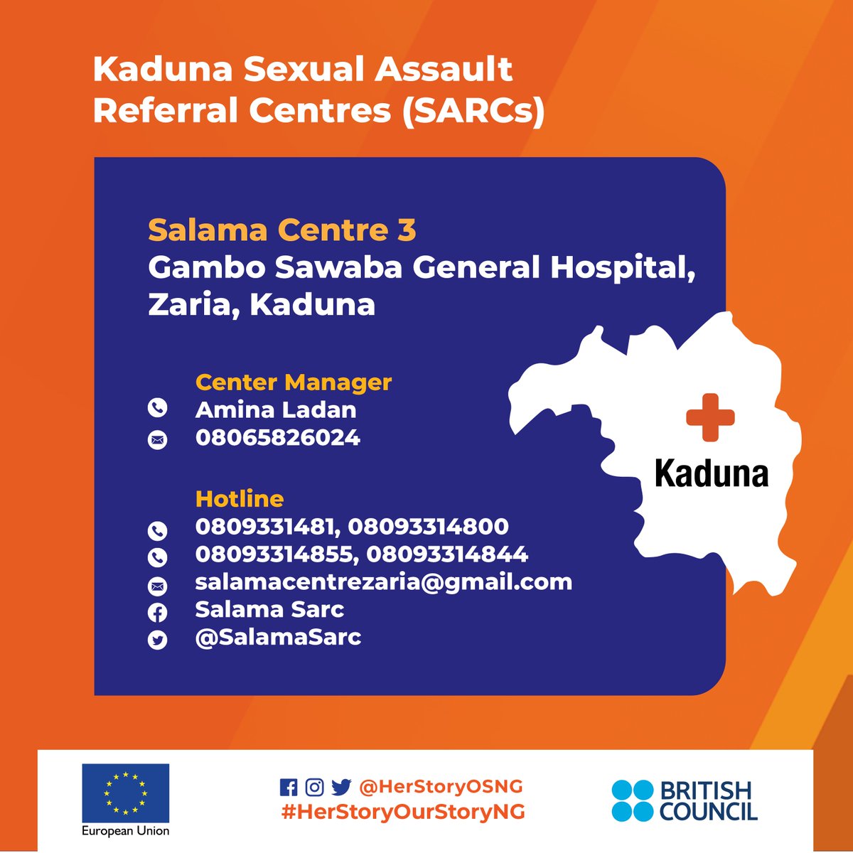 HerStoryOSNG's tweet photo. Are you in Kaduna? 

A Sexual Assault Referral Centre (SARC) may be closer to your location than you think, where any survivor can receive confidential medical, counselling and justice support services in a safe space. https://t.co/B0udP8GM16