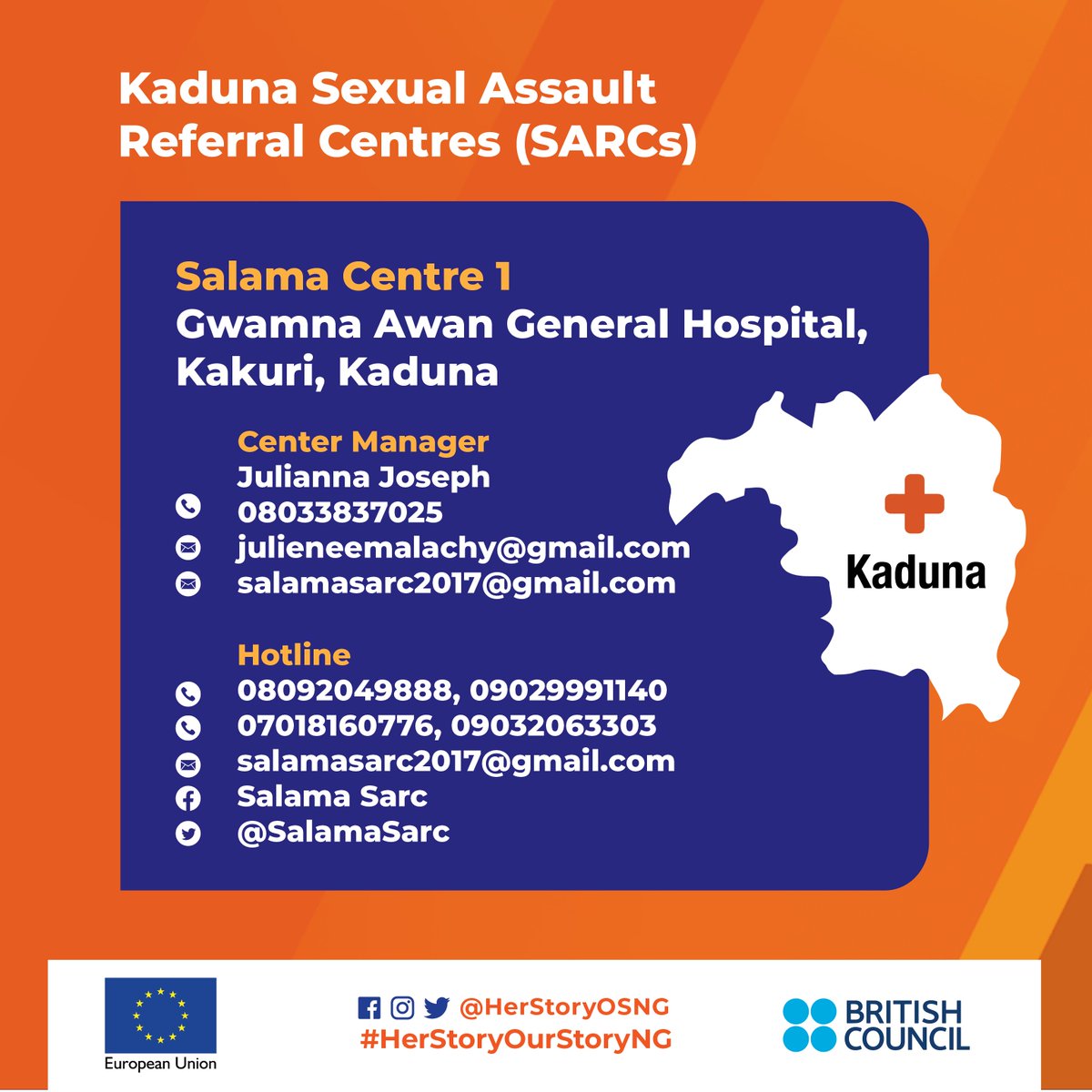 HerStoryOSNG's tweet photo. Are you in Kaduna? 

A Sexual Assault Referral Centre (SARC) may be closer to your location than you think, where any survivor can receive confidential medical, counselling and justice support services in a safe space. https://t.co/B0udP8GM16