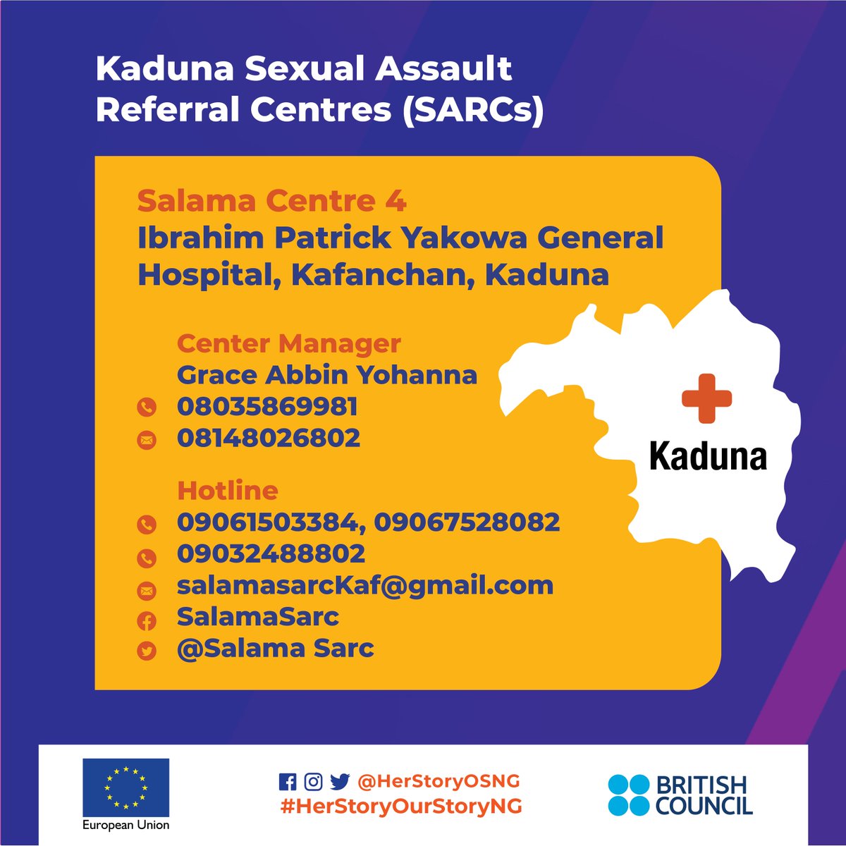 HerStoryOSNG's tweet photo. Are you in Kaduna? 

A Sexual Assault Referral Centre (SARC) may be closer to your location than you think, where any survivor can receive confidential medical, counselling and justice support services in a safe space. https://t.co/B0udP8GM16