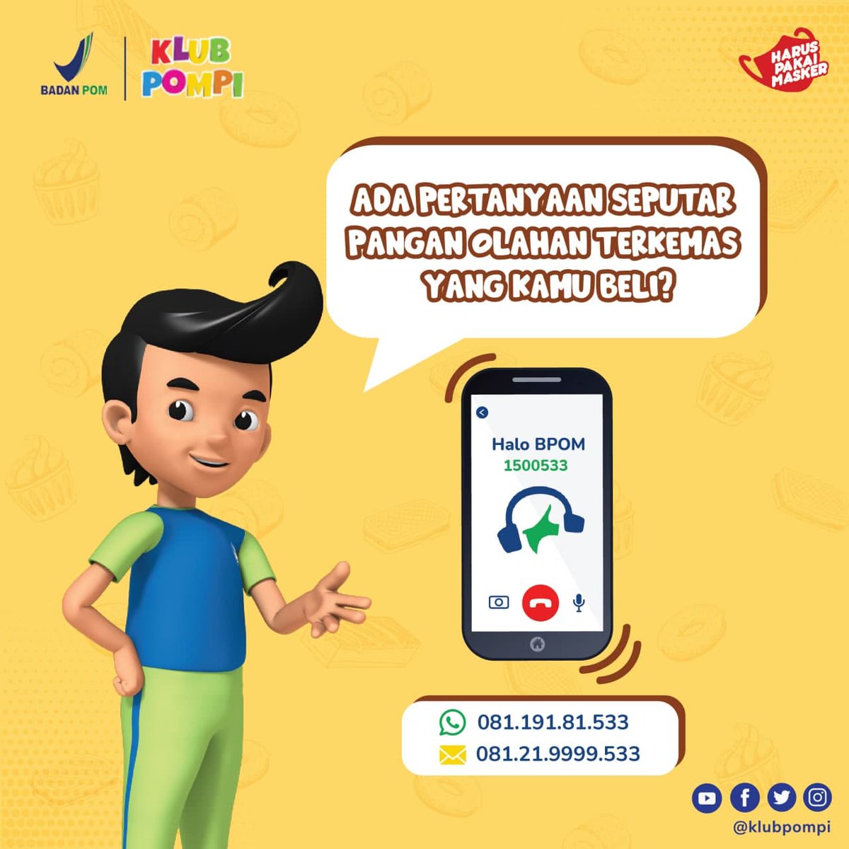KlubpompiBPOM's tweet photo. #SahabatPompi, punya pertanyaan soal pangan olahan terkemas yang kamu beli? Atau punya permasalahan terkait obat dan makanan? Hubungi Halo BPOM 1500533 atau nomor WhatsApp yang tertera untuk temukan solusinya!
#panganolahanterkemas #haloBPOM #BPOMRI https://t.co/shnU9urMiv
