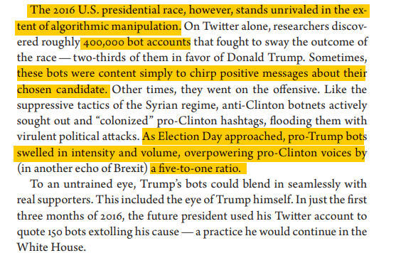 Algorithm manipulation is one of the techniques used to influence online debate. Thousands of bot accounts take over certain hashtags and keywords. To a layman, they look like real people tweeting in favor of something and they get influenced. 22/n