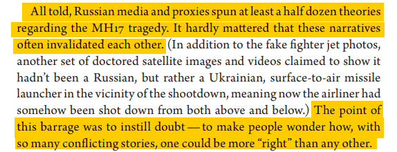 To counter Russian involved in the MH17 crash as revealed by Bellingcat, Russian propaganda machine pitched at least half a dozen theories. It didn't matter if all these theories contradicted each other, the point was to create doubt about the theory that harmed Russia. 18/n