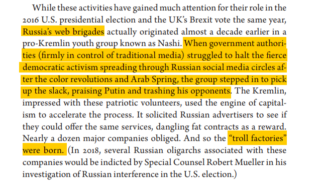 The network of TV channels and websites are not the only way Russia does propaganda, it also makes use of web brigades or troll factories. Real users sit behind multiple fake accounts "trolling" anyone online who disagrees with Russia's position and shaping online opinion.19/n