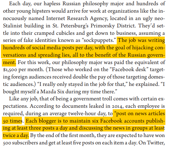 The network of TV channels and websites are not the only way Russia does propaganda, it also makes use of web brigades or troll factories. Real users sit behind multiple fake accounts "trolling" anyone online who disagrees with Russia's position and shaping online opinion.19/n