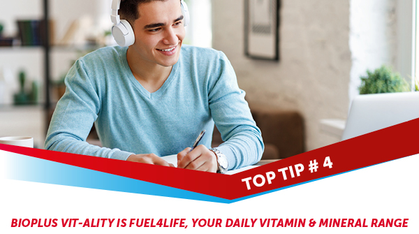 TOP TIP 4: While the concept of multivitamins isn’t new, their popularity has exploded in the last decade. Not only can a multivitamin help you feel more alert, it can help improve your memory.

Legals: bit.ly/2Ycp5fW
Reference: bioplus.co.za/terms/

202009231059024