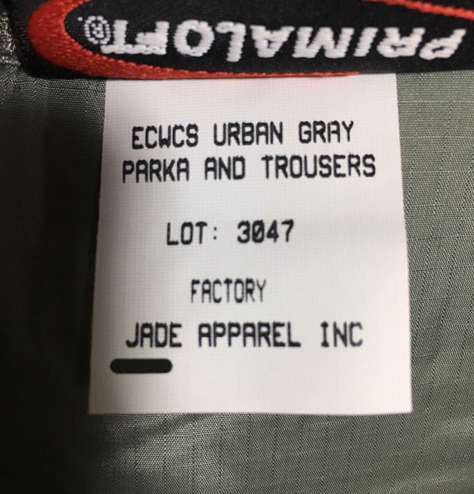 ランボー Gen3 Ecwcs Level7 初期epic製のlotタグ Manufactured 製造元 はwild Things社ですが厳密にはjade Apparel社に製造委託しています ミリタリーもoemを採用しているようです ランボー Gen3 Ecwcs Level7 初期epic製のlotタグ Manufactured 製造元 はwild Things社ですが厳密にはjade Apparel社に製造委託しています ミリタリーもoemを採用しているようです