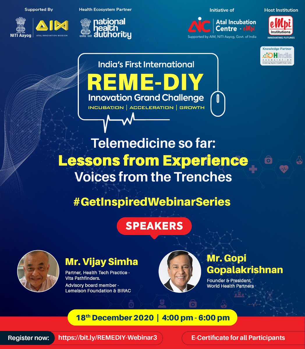 aicempi's tweet photo. The third session is on Telemedicine so far: lessons from experience - voices from the trenches by top industry leaders and sector specialists.

Join us 18th Dec, 04:00 pm

If you have not registered already, block your calendar by registering at  https://t.co/BYR5eQvB4U https://t.co/DRR4TDK0HF