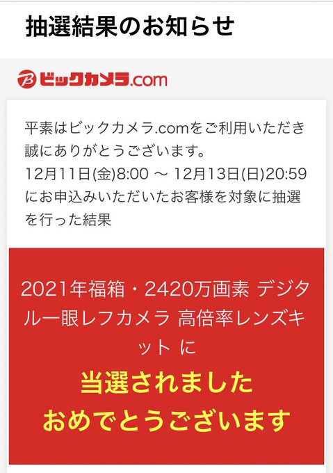 ビックカメラ福袋2021 抽選結果発表 当たった 外れた みんなメールは来た まとめダネ