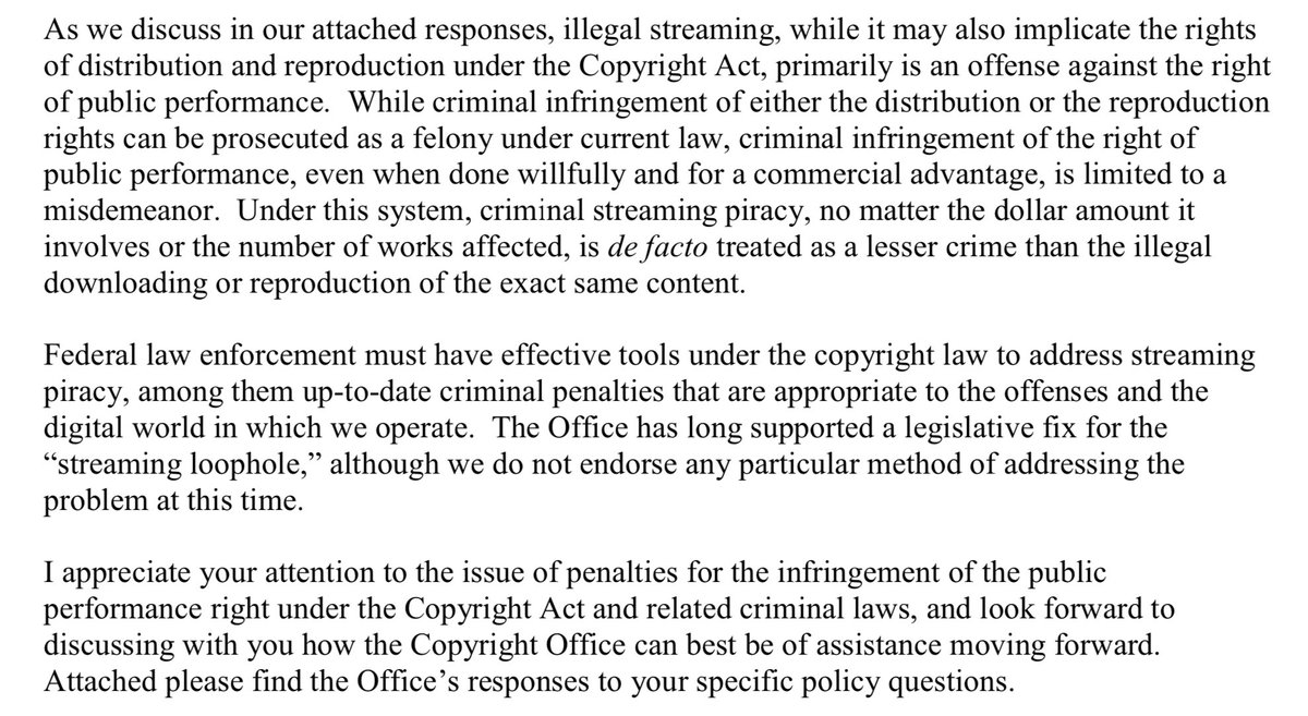 The particular thing streamers seem to be upset about is this letter from July 2019 in which Thom Tillis discusses various issues surrounding streaming content. Particularly it’s definition as ‘public performance’ as it relates to US law.