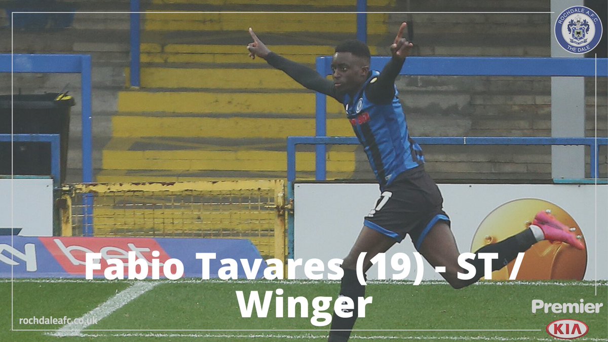 Fabio TavaresPacy Attacker with a bright future aheadLocal Rochdale lad that has came through the Dale AcademyHe made his professional debut for Dale in 2019  Wycombe & scored his first professional goal  Bolton last season  https://twitter.com/officiallydale/status/1314528536712089605