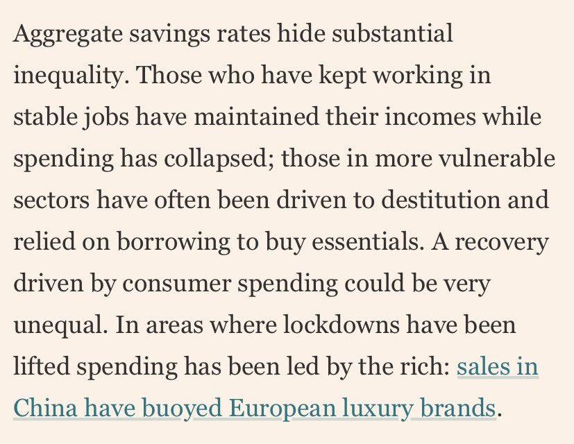 Good FT editorial identifying one of the key drivers of inequality during the pandemic: high saving rates among those who’ve maintained their incomes, and rising indebtedness among those who haven’t. This is only part of the picture though. Thread:  https://on.ft.com/3gTdURs 