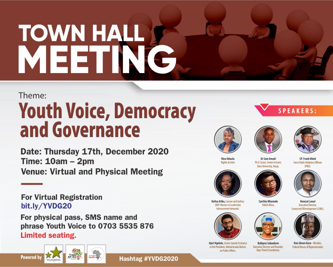 We warmly welcome you to the live tweets from the Townhall Meeting on Youth Voice, Democracy and Governance brought to you by <a href="/YIAGA/">Yiaga Africa</a> ,<a href="/AMDemocracy2/">African Movement for Democracy</a> and <a href="/YstarsFound/">Youngstars</a> 
Follow #YVDG2020 for more updates from today's meeting
