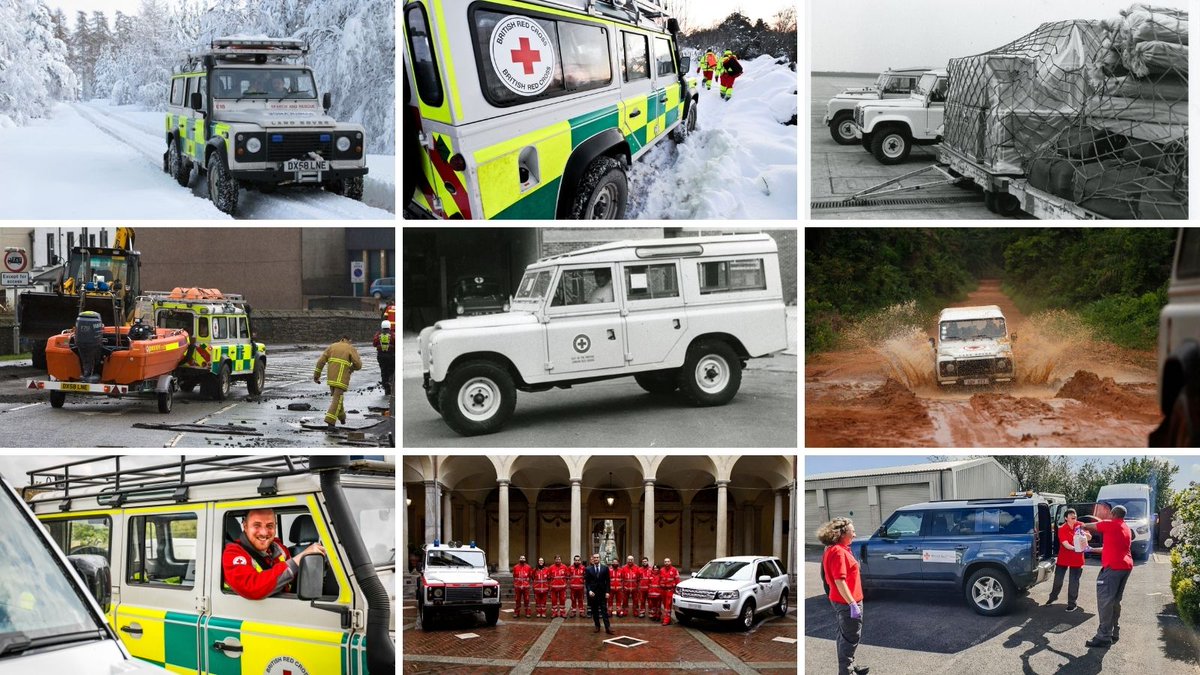 A collage of images of Landrover vehicles being used by the Red Cross over the years. 