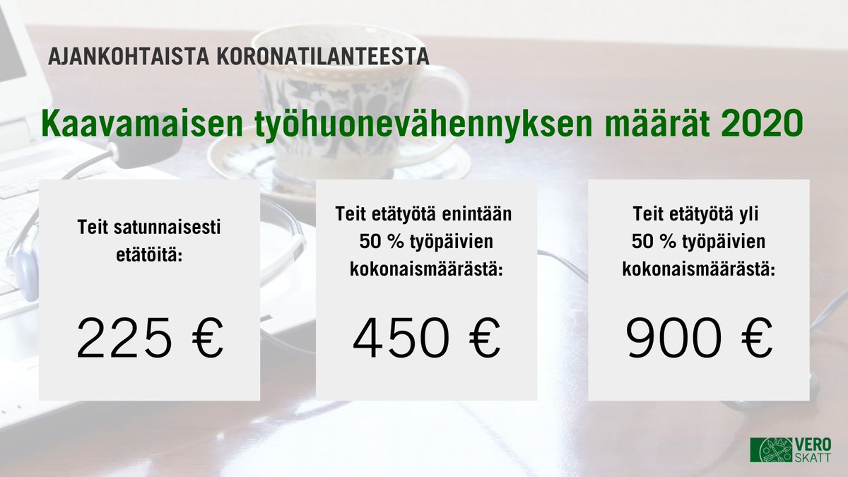 Laajennamme etätyön vähennysoikeutta: työhuonevähennystä voi ilmoittaa 2020 myös satunnaisesta etätyöstä.

ℹ Jos saat palkkatuloja, saat automaattisesti 750 € tulonhankkimiskuluvähennyksen ➡ ilmoita kuluja vain, jos on niitä enemmän kuin 750 €.

vero.fi/tietoa-verohal…