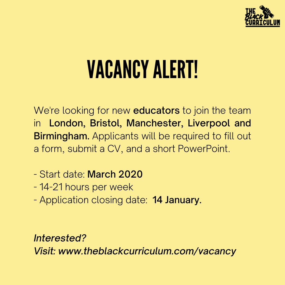 CurriculumBlack's tweet photo. CALLING ALL #EDUCATORS 📢 

WE'RE #HIRING!

📍London, Bristol, Manchester, Liverpool &amp; Birmingham

Check out the details below or go to https://t.co/BSQ79bl6OH for more info! https://t.co/z562muW6OK