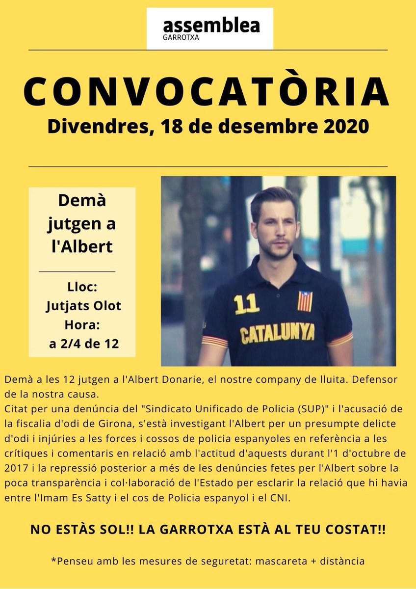 Demà jutgen a l’ <a href="/albertdmcat/">ᗩlbertDM ||*||🏴󠁧󠁢󠁥󠁮󠁧󠁿🏳️‍🌈🏴󠁧󠁢󠁳󠁣󠁴󠁿</a> 
Us convoquem a 2/4 de 12 davant als Jutjats d’Olot! 
La Garrotxa està al teu costat! 
<a href="/assemblea/">Assemblea Nacional Catalana</a> <a href="/OlotXindep/">ANC Olot 🎗</a> <a href="/ANCGarrotxa/">ANC_Garrotxa 🎗</a> <a href="/epaluzie/">Elisenda Paluzie</a> <a href="/DavictusCat/">David Fernàndez</a> <a href="/olottv/">Olot televisió</a> <a href="/Radiolot/">Ràdio Olot</a>