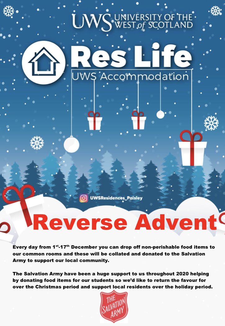 We would like to remind you that if you are heading away for the holidays and have some spare dried or tinned food, you can donate these into our Reverse Advent box within the reception area! 💕

#uwsreslife #reverseadvent <a href="/salvationarmyuk/">The Salvation Army</a> ⁦<a href="/UniWestScotland/">UWS</a>⁩