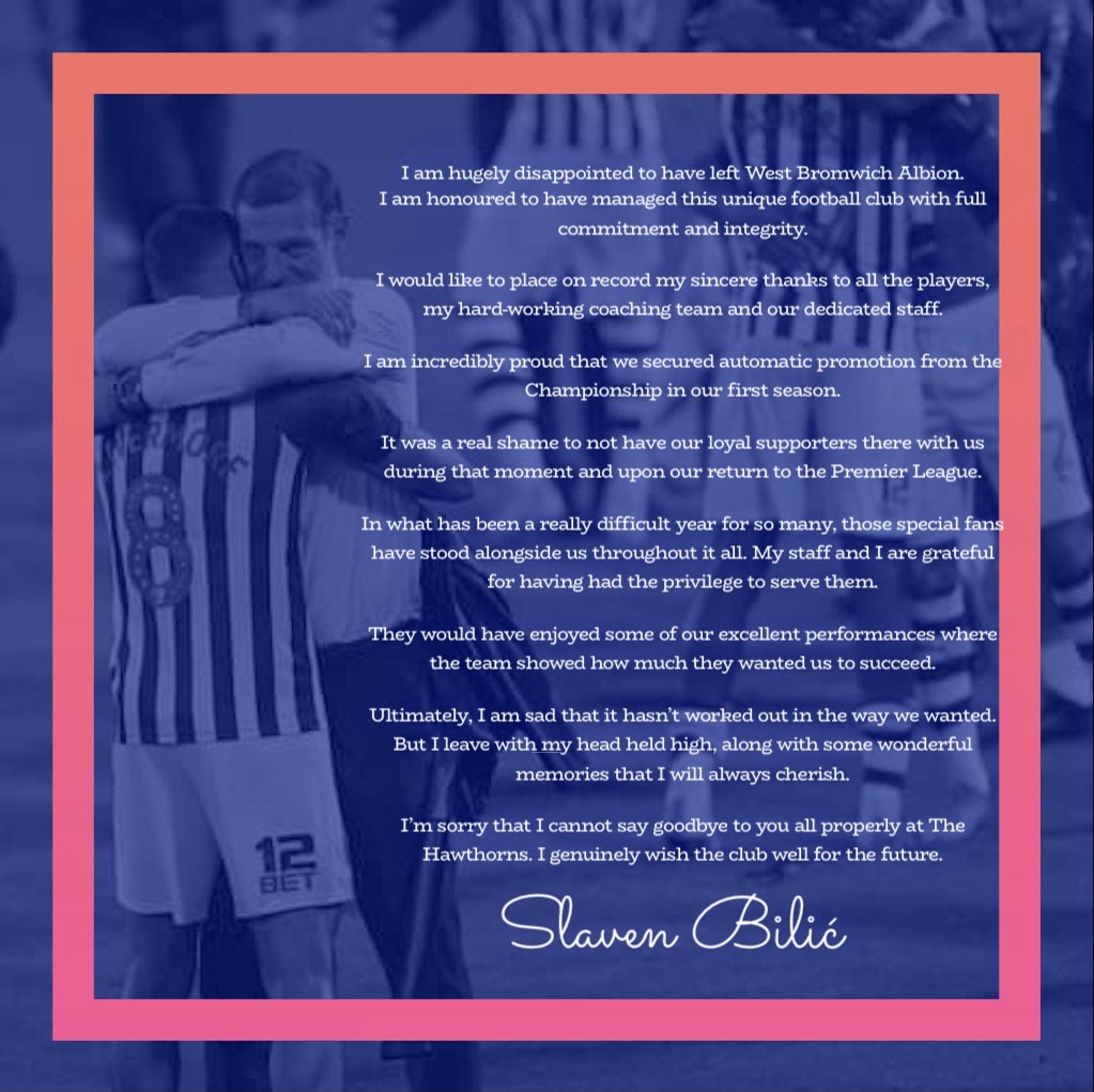 JosephMasi_'s tweet photo. Slaven Bilic has issued a statement following his departure from Albion. He says he is "hugely disappointed" to have left #wba https://t.co/NJDWBNoaxD