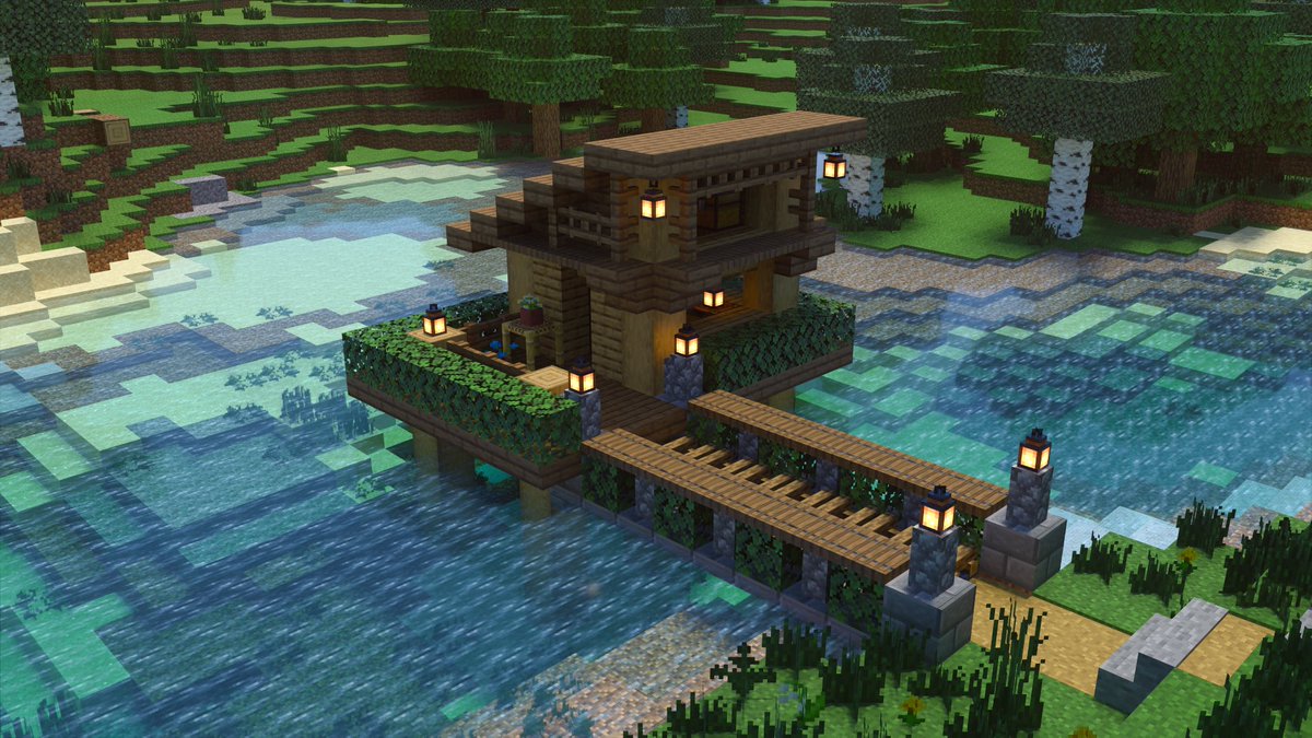 Kogumapro こぐまぷろ 水上の家を作ってみました こういう所でのんびりと日向ぼっことか 釣りとかしたいですねぇ 住居部分は部分は5 5で作ってみました 片流れの屋根が合っていていいかなぁ マイクラ Minecraft建築コミュ マインクラフト