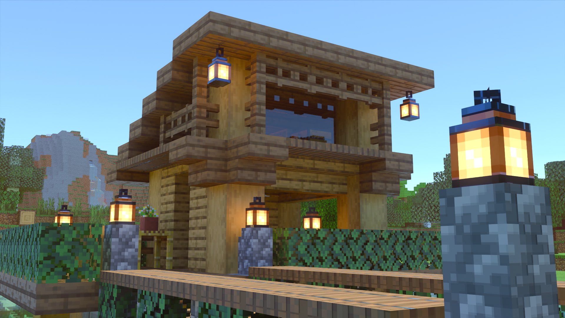 こぐまぷろ Kogumapro 水上の家を作ってみました こういう所でのんびりと日向ぼっことか 釣りとかしたいですねぇ 住居部分は部分は5 5で作ってみました 片流れの屋根が合っていていいかなぁ マイクラ Minecraft建築コミュ マインクラフト