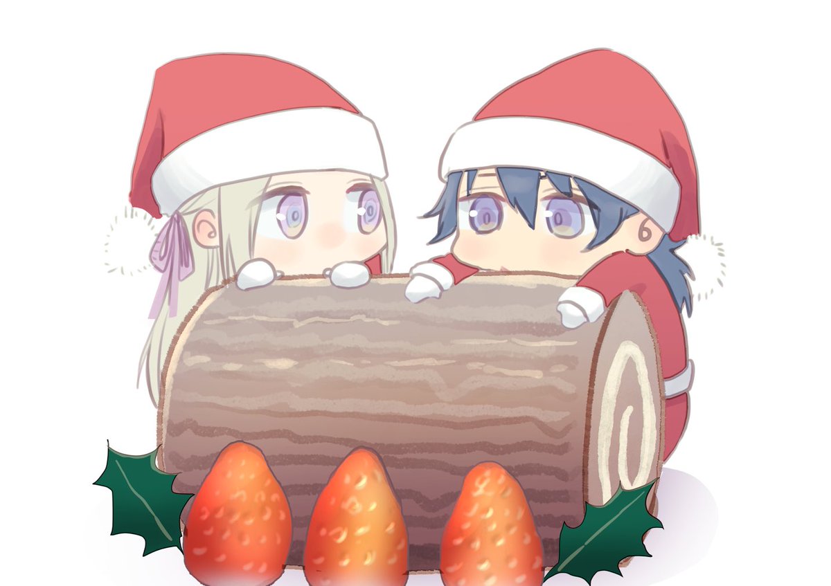 byleth (fire emblem) ,byleth (fire emblem) (female) ,edelgard von hresvelg 2girls multiple girls hat santa hat food chibi strawberry  illustration images