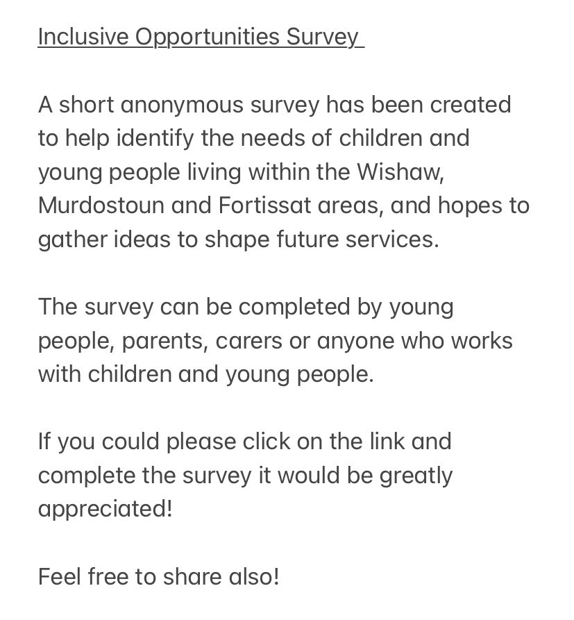 Please have a read at the photo attached for survey information and feel free to share the survey link.
@wishawshotts <a href="/CalderheadHS/">Calderhead HS</a> @WiktoriaMSYP @kaylamsyp <a href="/JDeighanMSYP/">Jennifer Deighan MSYP</a> 

SURVEY LINK - forms.gle/CY9SWjhueLDfwU…