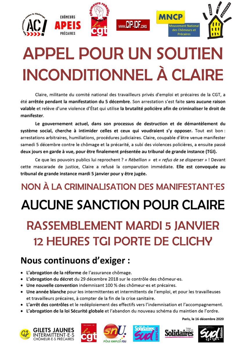 Federation_MNCP's tweet photo. | COMMUNIQUE |
📣 Communiqué du Collectif Unedic en soutien à Claire, militante @CNTPEP_CGT arrêtée pendant la manifestation du 5 décembre.
#AC! #Apeis @CNTPEP_CGT @CIPIDF @Federation_MNCP @federationdal @LejeuneJojo @lacgtcommunique @SnuPoleEmploi @UnionSolidaires https://t.co/YnXbBXVGzL