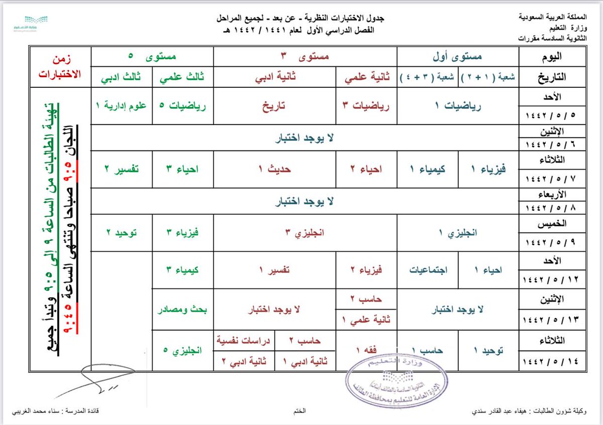 marrat6sec's tweet photo. فالك التفوق و ١٠٠٪

جدول الإختبارات النهائية للفصل الدراسي الأول عام ١٤٤٢ https://t.co/uFnpLEMvmN