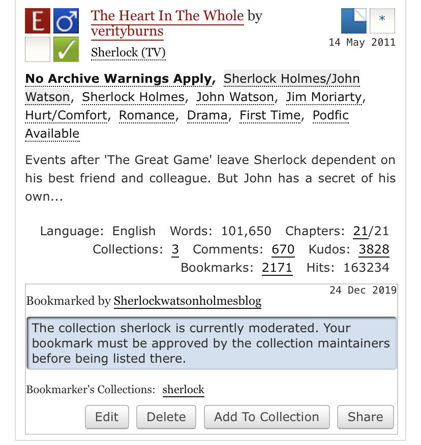  https://archiveofourown.org/works/301718&nbsp;These wouldn’t be my favourites if I don’t mention  @Verity_Burns Makes my cry, makes me laugh at one point, makes me angry at pining dumbasses but in the end makes me love them even more. Please do yourself a favour and read this. #12DaysOfSherlock