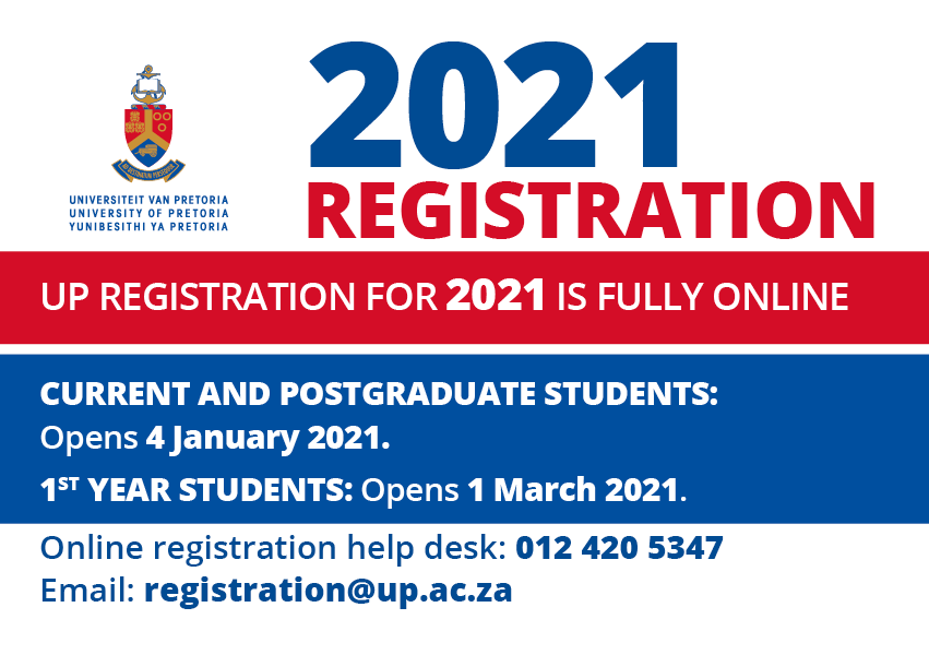 UPTuks's tweet photo. UP registration for 2021 is fully online.
Current and postrgraduate students: Registration opens on 4 January 2021.
1st-year students: Registration opens on 1 March 2021.
Undergraduate classes start on 15 March 2021.
Visit https://t.co/64nmoPXqRQ for more information. https://t.co/gDwBWohuY5