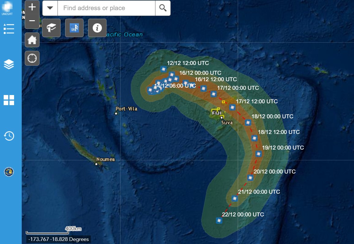 UNOSAT's tweet photo. Our live web map tracks the path and wind speed zones of tropical cyclone #YASA 20 as it bears down on #Fiji as a category 4 storm https://t.co/Sxx7HqQiyS. Population exposure report here: https://t.co/moEgrooKrf #YasaCyclone @FijiNDMO @UNITAR https://t.co/qXiHs8mDgc