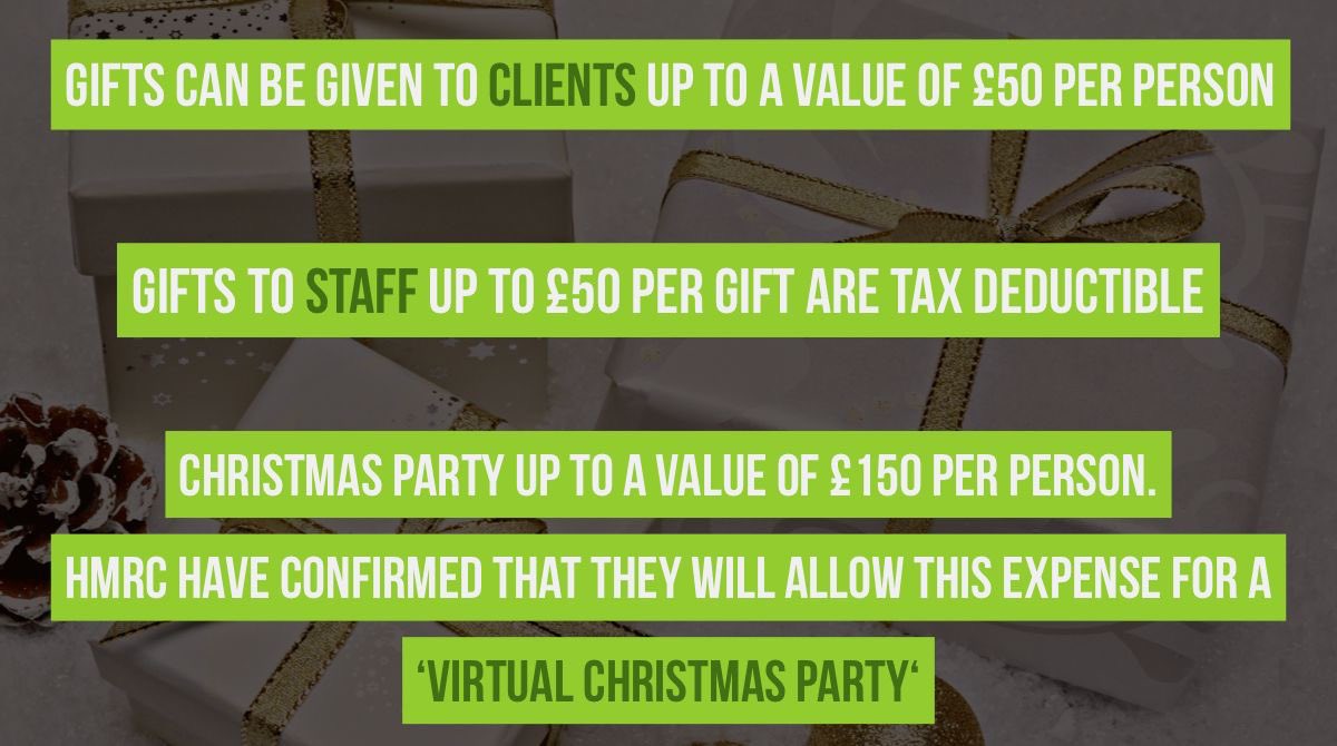 #HMRC does allow #limitedcompanies some scope to spread a little festive cheer to #directors, #staff and #businessassociates. It is not often that there is generosity from HMRC so make the most of it!
 
The following things can be put through #expenses on your #ltdcompany