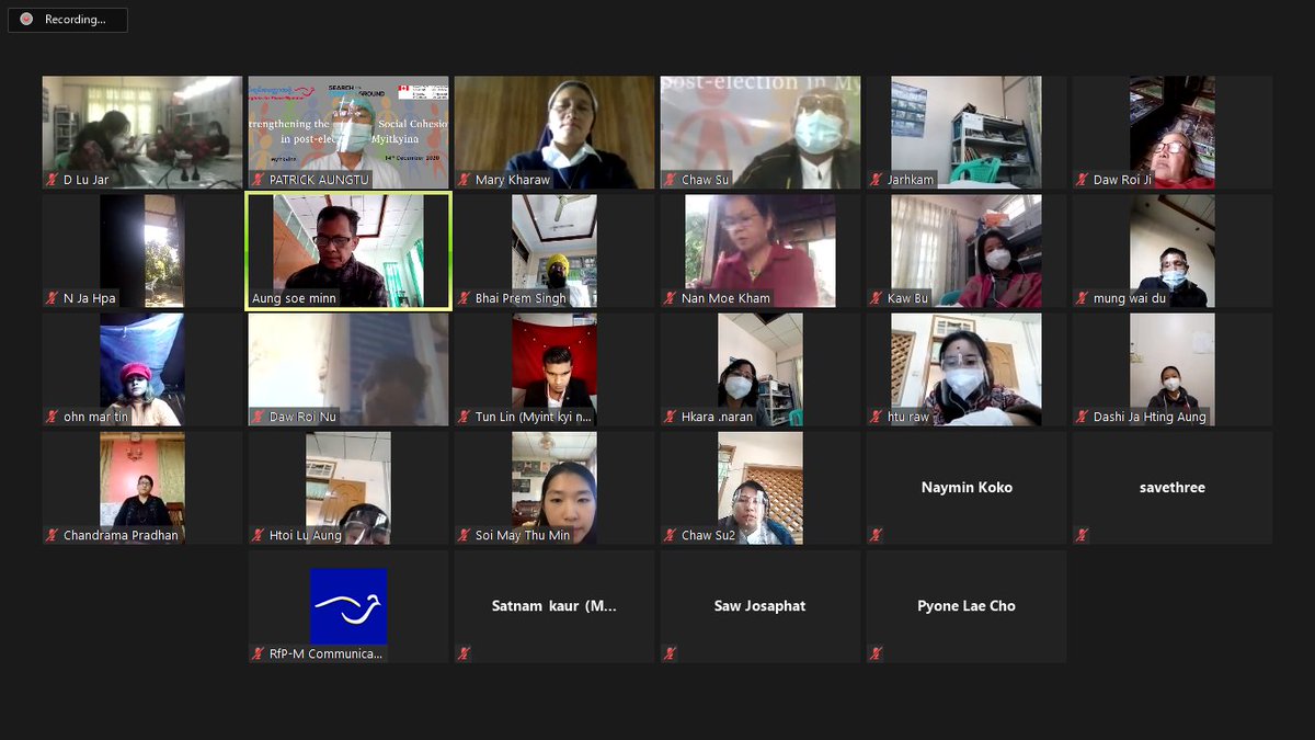 rfpmyanmar's tweet photo. Strengthening the Action of Social Cohesion in Post-election, Myitkyina city, Myanmar 
Religions for Peace-Myanmar (RfP-M) could successfully organize and implement this Online ZOOM meeting on 14th December 2020. https://t.co/DkVTylU8Va