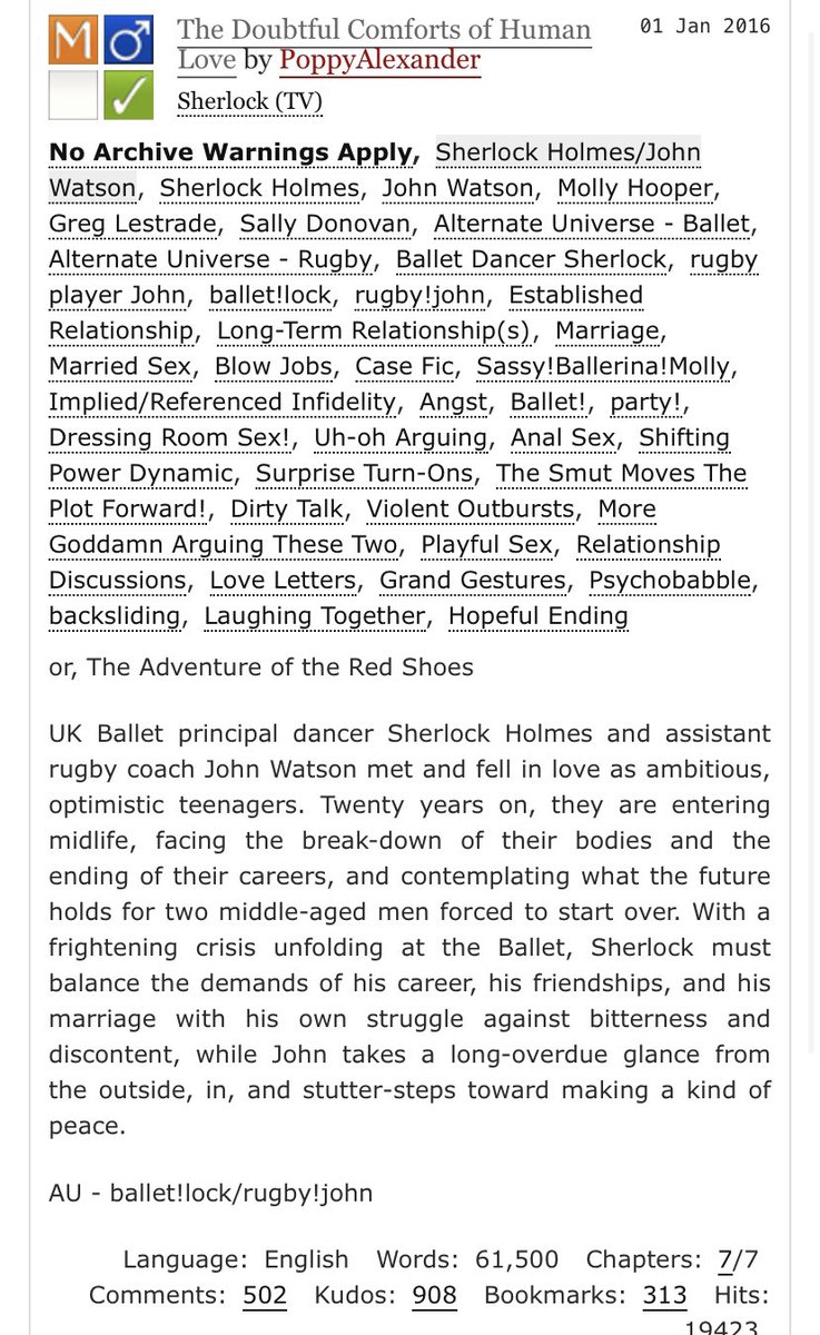  https://archiveofourown.org/works/2184438&nbsp;Healing takes cooperation and strength, which makes or brakes a relationship. This fic shows that you have to work for your relationship even though you’ve found your soulmate. #12DaysOfSherlock