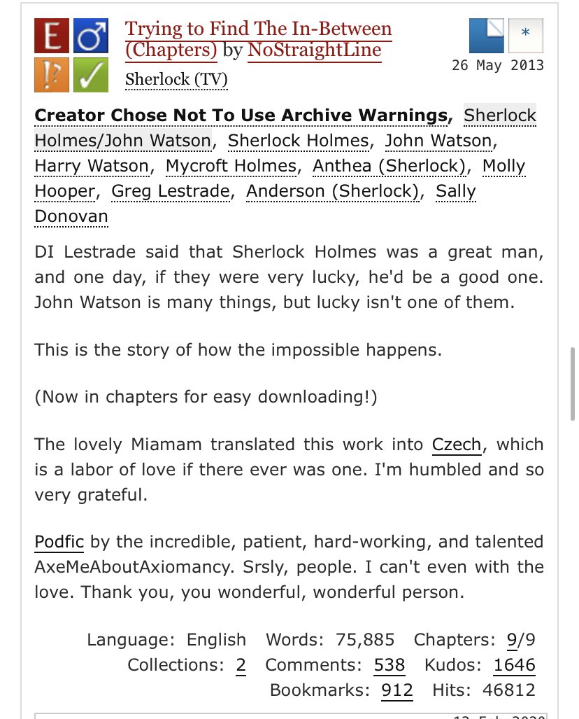  https://archiveofourown.org/works/806621&nbsp;Hands down, I’ve read this a 100 times now. One of the best reunion fics that I could find, John palpable anguish, Sherlock’s ignorance and subsequent healing. Amazing! #12DaysOfSherlock