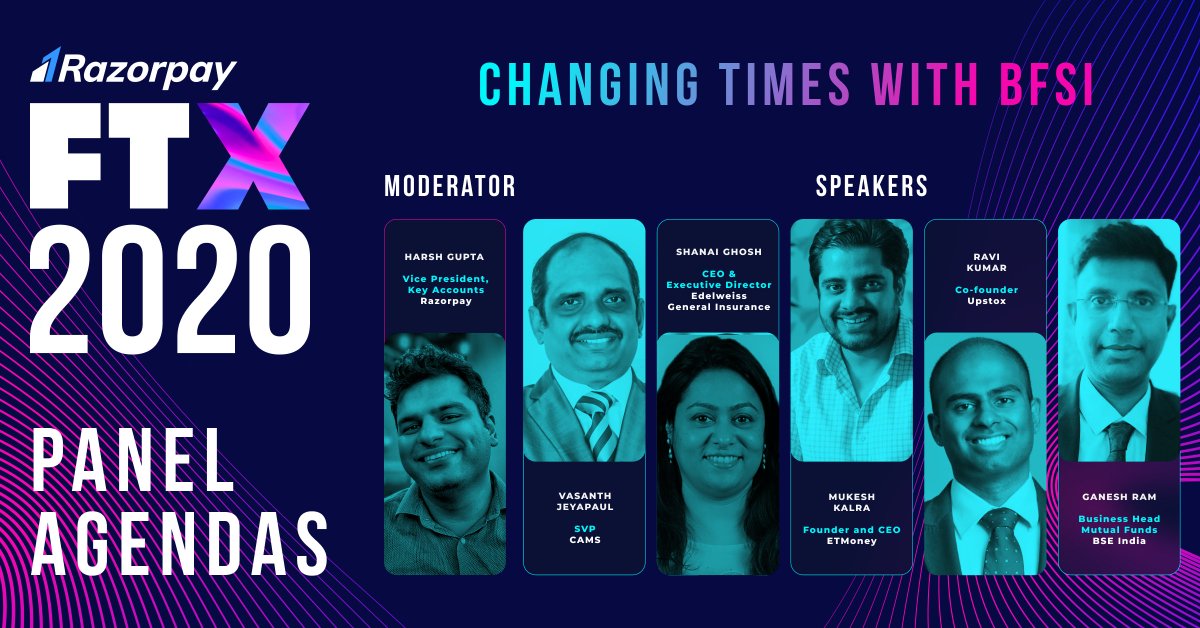RazorpayFTX's tweet photo. Meet our panel that will be discussing "Changing Times With BFSI" - Vasanth Jeyapaul (CAMS), @GhoshShanai, @kalramukesh, Ravi Kumar (@Upstox) &amp; @Ganesh_StARMF 🕺 🚀 

Hosted by Harsh Gupta, VP Key Accounts @Razorpay 😀 

Book your tickets here: https://t.co/fvz4nDoDAB https://t.co/DdD5kPgFzd