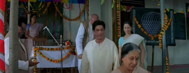 Swades was the first movie by Ashutosh Gowariker Productions. We see the logo appear in the scene where Mohan Bhargava visit the school on Dussehra wearing a Dhoti.