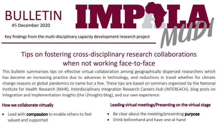 In this month's <a href="/IMPALA_NIHR/">IMPALA</a> MUDI bulletin we present tips on fostering cross-disciplinary research collaborations when not working face-to-face including how to collaborate and stay engaged, plus how to lead and present on a virtual stage bit.ly/37pApKH