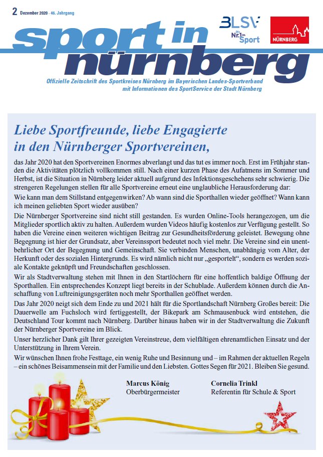 Die Ausgabe 2/2020 der Zeitschrift "Sport in Nürnberg" ist erschienen. Unter blsv.de/fileadmin/user… steht sie zum Download als E-Paper zur Verfügung. Viel Spaß beim Lesen!