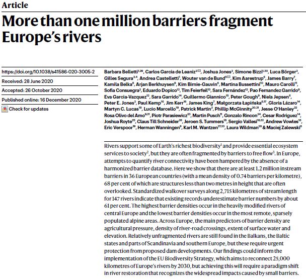 New paper just out by <a href="/AMBERtools/">AMBER</a> team including our own Dr Martyn Lucas about the incredibly high number and density of barriers to animal movement within European rivers, many of which are now obsolete. Read the paper here: doi.org/10.1038/s41586…