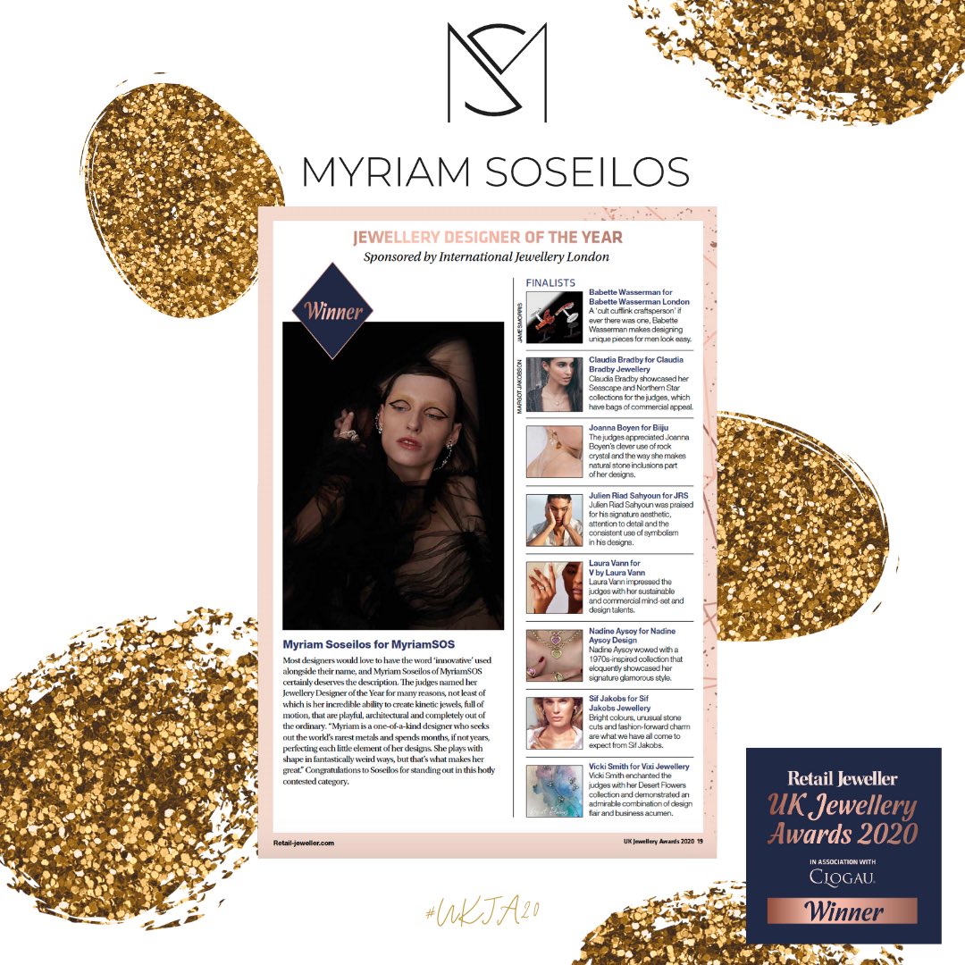MyriamSOSLondon's tweet photo. 🏆 @RetailJeweller, UK Jewellery Awards 2020

💎 JEWELLERY DESIGNER OF THE YEAR: Sponsored by @JewelleryLondon

🌟 Proud and humbled to win this amazing award up against so many amazing designers!

#UKJA20 https://t.co/E0tKLRYElq