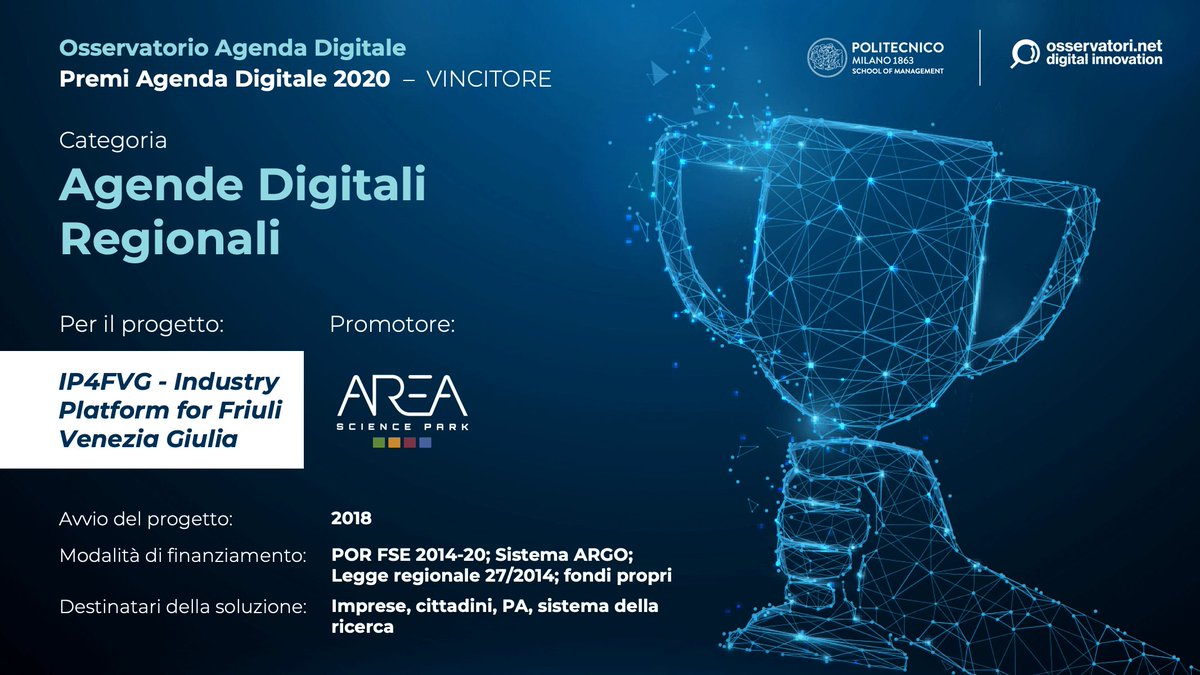 ip4fvg's tweet photo. IP4FVG è Premio Agenda Digitale 2020 nella categoria progetti regionali! 🏆 #OAD20
Grazie a tutti i partner per questo importante traguardo raggiunto assieme.
More info: https://t.co/3jxY0hJRYj
@Osserv_Digital @regioneFVGit https://t.co/ILfPQjI4uO