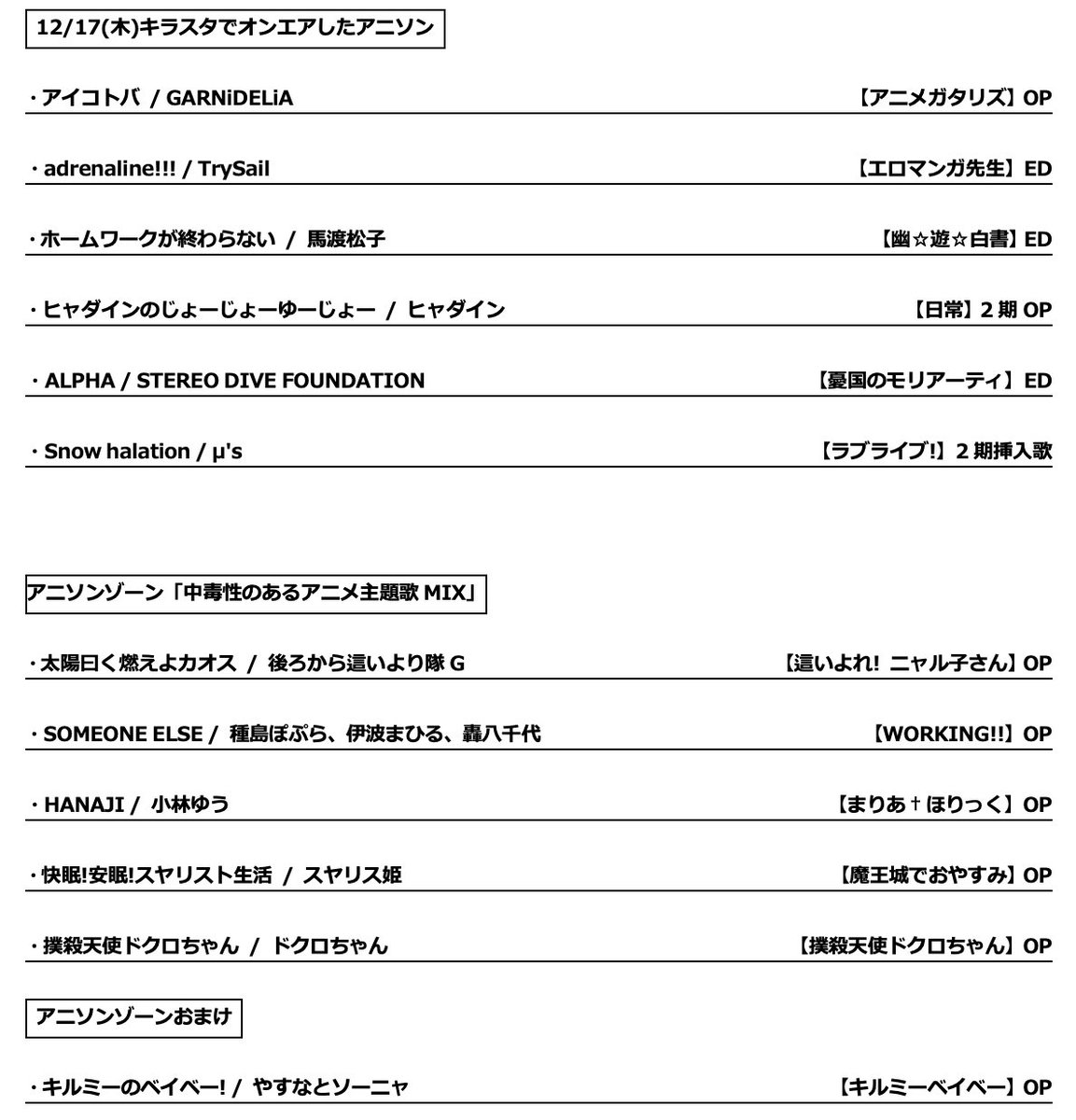 Fm Nack5 キラスタ 12月17日 木 のキラスタでお送りしたアニソンと 中毒性のあるアニメ主題歌mix の一覧はこちら ˈ Nack5 キラスタ Radiko アニソン キラスタmix 円盤買おうぜ