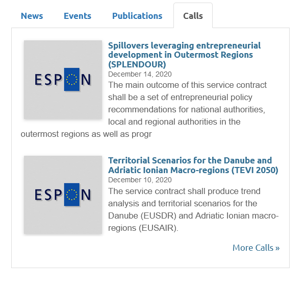 📢 Appels <a href="/ESPON_Programme/">ESPON</a> 

Territorial Scenarios for the Danube - Adriatic Ionian Macro-regions - 🗓️ 21/01/21 - 130.000€
🔗 bit.ly/2LNTrCt

Spillovers leveraging entrepreneurial development in Outermost Regions - 🗓️ 26/01/21 - 120.000€
🔗 bit.ly/2IYfCET