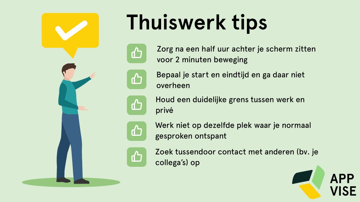 appvisenl's tweet photo. In opvolging van ons bericht gisteren willen we iedereen graag nog even helpen herinneren aan een aantal belangrijke thuiswerk tips! 😊 We komen hier weer doorheen! 

Veel liefs, het App-vise team 🌻

#thuiswerken #gezondheid #neuropsychologie #psycholoog #ergonomie #ergonomisch https://t.co/lLWEbrxmL3